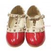 Hot Red Enamel T Strap Stud Rivet Slip On Shoes 8816Red